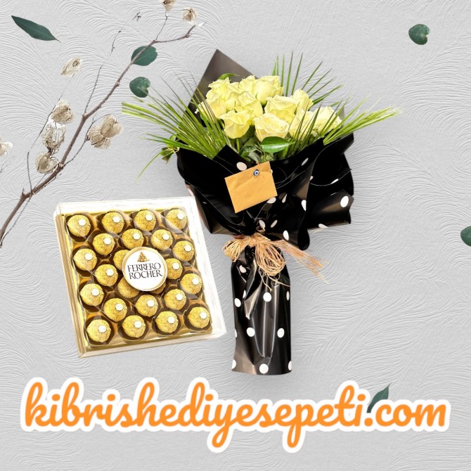 11 Beyaz Gül Buketi ve Çikolata